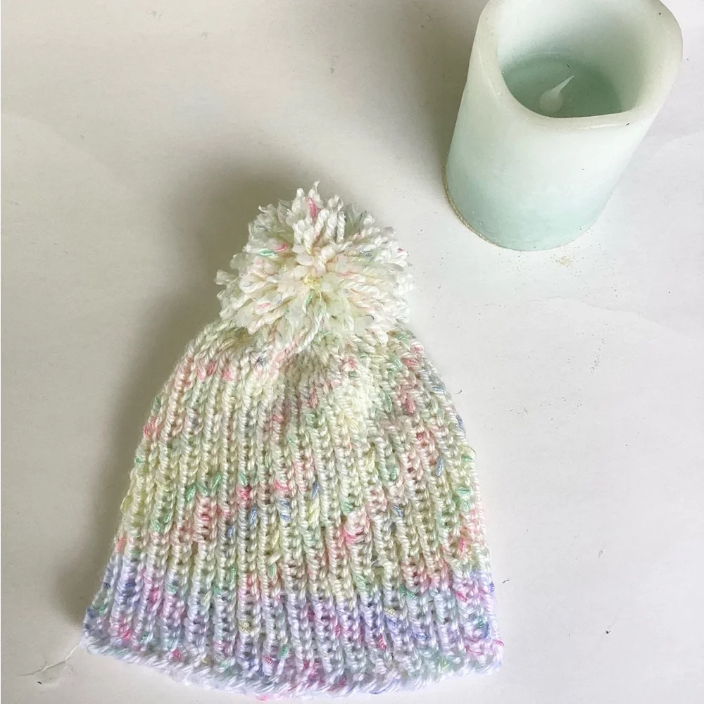 Baby Beanie Hat Hand Crafted Yellow White PomPom Knit
